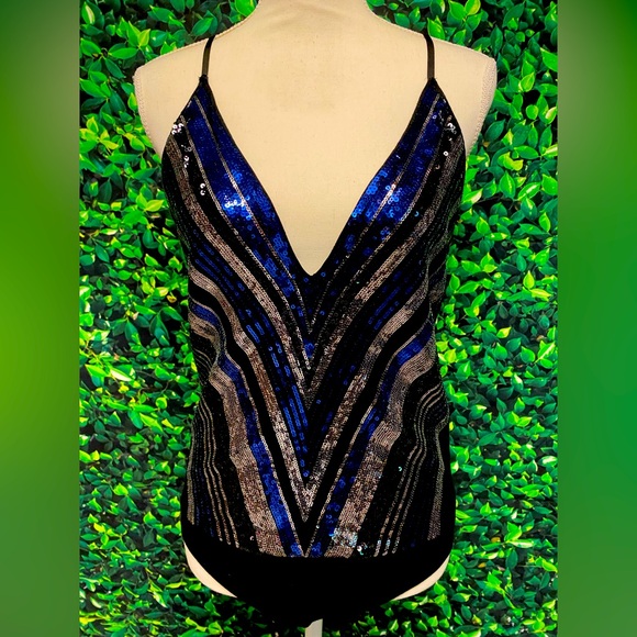 Express Sequin Deep V-Neck Camisole Top Blue and Black Bodysuit Sz L - Picture 1 of 8